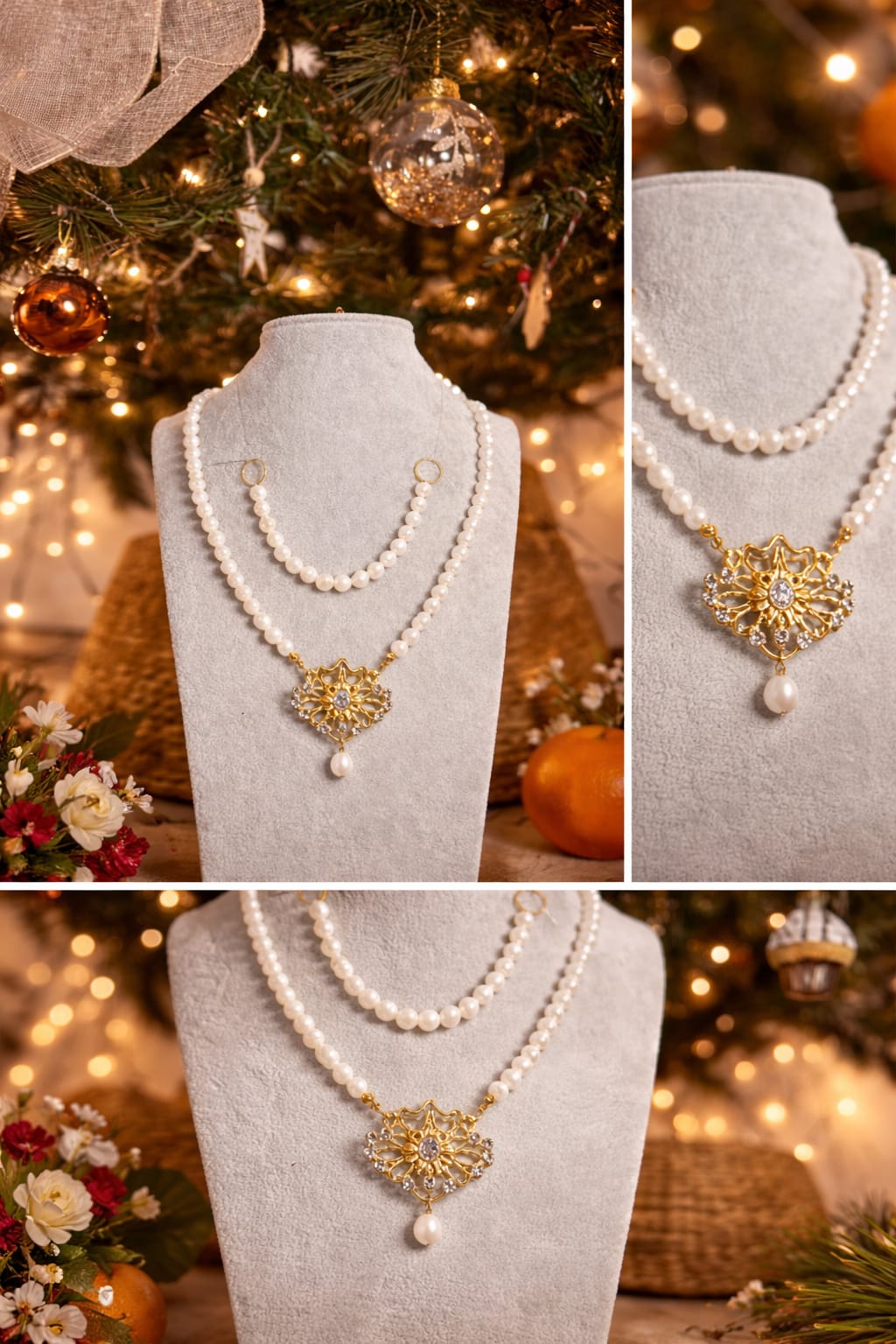 Collar de perles blanques amb penjoll daurat i polsera